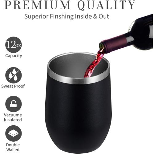 MEWAY 12oz Wine Tumbler 16 Pack Bulk Gifts for Women,Double Wall Vacuum Stainless Steel Travel Mug with Lid,Insulated Stemless Wine Cup Glass for Coffee,Cocktails,Drinks(Black,Set of 16)