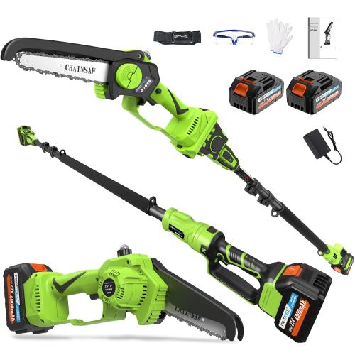 2-in-1 Cordless Pole Saw 8 Inch＆Mini Chainsaw, with 2×4.0Ah 21V Battery and Charger, Brushless Motor, Total Reach of Max 15ft, Electric Pole Saw for Tree Trimming and Hedge Cutting