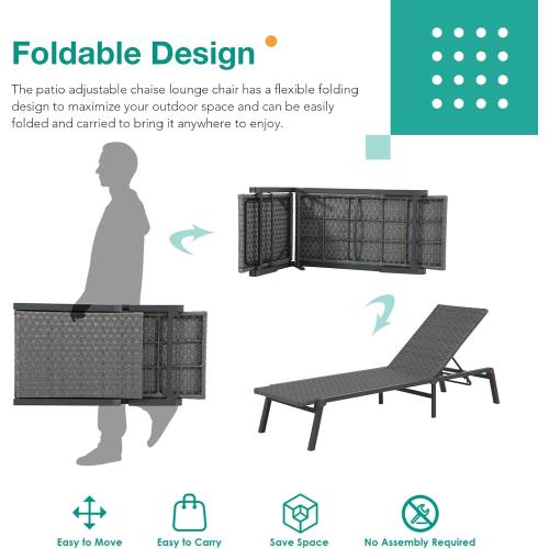 Patiorama Patio Chaise Lounge Set of 1 Aluminum Outdoor Folding Lounge Chair, All-Weather PE Rattan Wicker Adjustable Reclining Lounge Chair for Outside,Portable Sun Lounger for Beach Lawn Pool-Grey