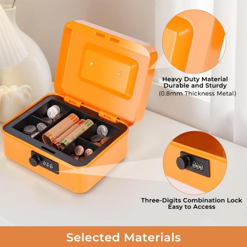 Cash Box with Money Tray and Combination Lock Metal Money Box Change Lock Box for Money 7.87 x 6.3 x 3.54 Orange