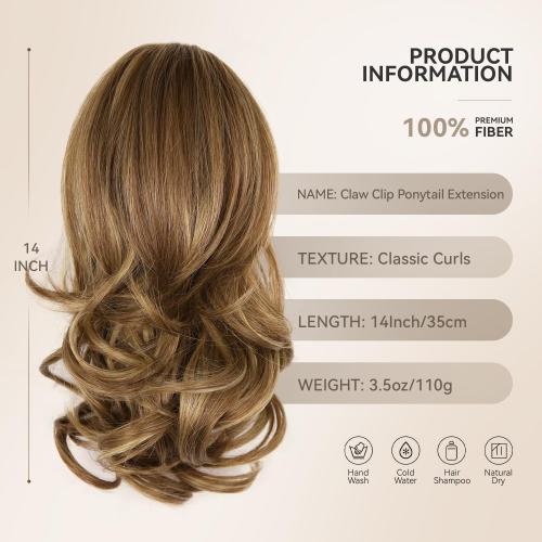 14 Inch Ponytail Extension - Soft Wavy Pony Tails Hair Extensions, Claw Clip Ponytail Extension, Synthetic Hair Extensions Ponytail, Clip in Ponytail (Color: Light Brown With Blonde Highlights)