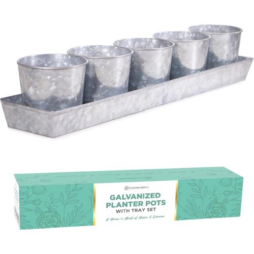Galvanized Metal Herb Planter, 5 Pots with Drainage Holes, Indoor Outdoor Use, Farmhouse Decor, 19.5x3.9x3.5 inches