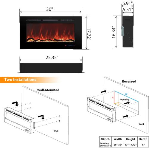 Size 30 Electric Fireplace 30 inch Wide, Wall Mounted Fireplace Inserts Electric Heater, 13 * 13 Flame Effects Like Real Flame, Low Noise, Timer & Thermostat Setting, 750W/1500W, Black
