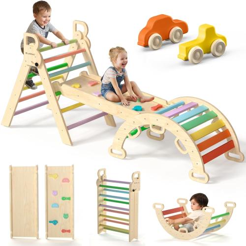 ‼️could have missing items ‼️Pikler Triangle Set with Safe Handle, Climbing Toys for 1-3 Year | Patented Safety Design, Foldable 7-in-1, with Wooden Car, Standard Size, Indoor Montessori Gift for First Birthday, Colorful