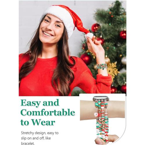 Christmas Beaded Bracelet Band Women Compatible with Apple Watch 42mm(S3/2/1) 44/45/46/49mm Cute Preppy Handmade Elastic Stretch Strap for iWatch Series 11/10/9/8/7/6/5/4/3/2/1/SE/Ultra (M)