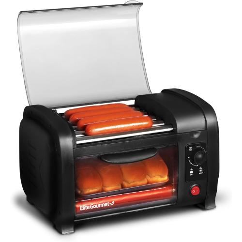 Elite Gourmet EHD-051B Hot Dog Toaster Oven, 30-Min Timer, Stainless Steel Heat Rollers Bake & Crumb Tray, World Series Baseball, 4 Bun Capacity, Black