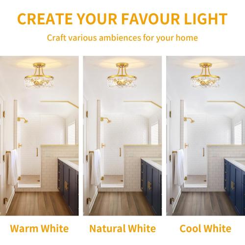 Brushed Gold Semi Flush Mount Ceiling Light Hammered Glass Light Fixture