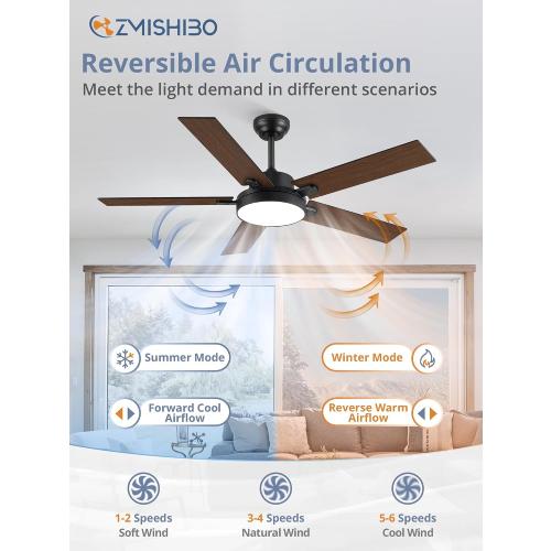 ZMISHIBO 52 Inch Ceiling Fan with Light, 30W LED, Smart Remote/APP, Black