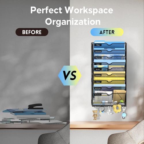 SUPEASY 10-Tier Wall File Organizer with Hooks, Hanging File Organizer