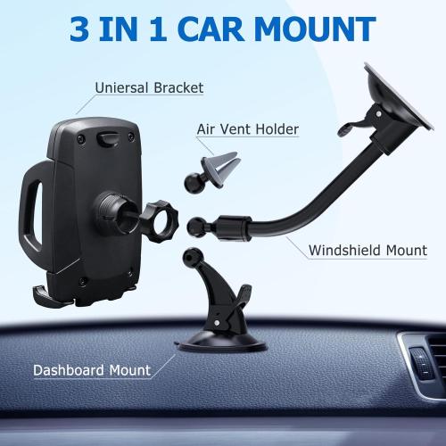 Vansky Car Phone Holder Mount, 3-in-1 Universal Cell Phone Holder Car Air Vent Holder Dashboard Mount Windshield Mount Fit for iPhone 17 16 15 14 13 Pro Max, Samsung S24 S23 LG Sony and More
