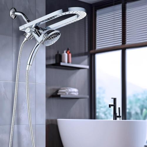 Silver Cobbe Premium 3-Way Rain Shower Head Combo, Dual Shower Head with Handheld, 5-mode High Pressure Rainfall Showerhead with Stainless Steel Hose & Sealant Tape - U.S. Invention Patents - Chrome
