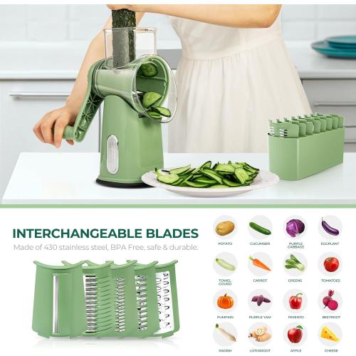 SUSTEAS Rotary Cheese Grater with Handle - Vegetable Shredder with 5 Well-designed Blades & Strong Suction Base,Round Mandoline Slicer & Food Chopper for Kitchen,with Blade Storage Box(Retro Green)