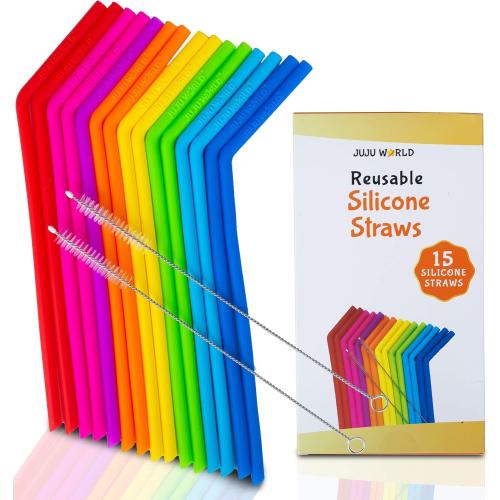 15 FITS ALL TUMBLERS STRAWS - Reusable Silicone Straws for 30 and 20 oz Yeti - Flexible Easy to Clean   2 Cleaning Brushes - BPA Free, No Rubber Taste Drinking - Best Value for Money Pack