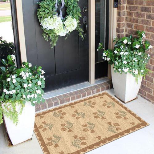 Front Door Mat Indoor Outside Entrance 2x3 Tan Floral Scalloped Rug