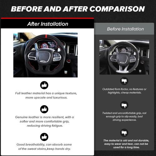 LOSCHEN Full Leather Steering Wheel for Dodge Upgrade D-shaped Flat-bottom Perforated Leather Steering Wheel with Heating for Dodge/Jeep Grand Cherokee/SXT/GT/RT/SRT/HELLCAT