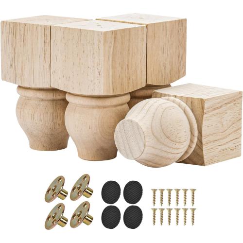 5 Inch Wooden Furniture Legs, Pack of 4 - Unfinished Solid Wood Bun Feet with 5/16 Hanger Bolts & T-Nuts for DIY Installation - Furniture Replacement & Riser for Sofa Cabinet Ottoman Dresser