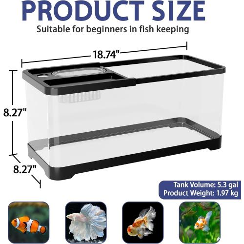 5.3 Gallon Fish Tank, 9 in 1 Betta Fish Tank, Aquarium with LED Full Spectrum 3 Color Light, 3 Modes Filter, Hydroponic Basket, Fishing Net, Shells, Aquatic Plant, Pebbles, Coral, Starter Kit (Black)
