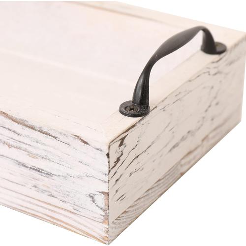 Rustic Wooden Serving Trays Rectangular with Handle,Ottoman Tray for Living Room 16 Inch Long for Serving Wine(whitewashed)
