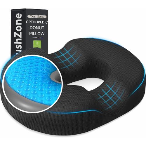 Donut Pillow Seat Cushion - Cooling Gel Donut Chair Cushions, Memory Foam Seat Cushion for Office & Home, Car Seat Cushion and Butt Pillow, Hemorrhoids Pillow and Tailbone Pain Relief, Black