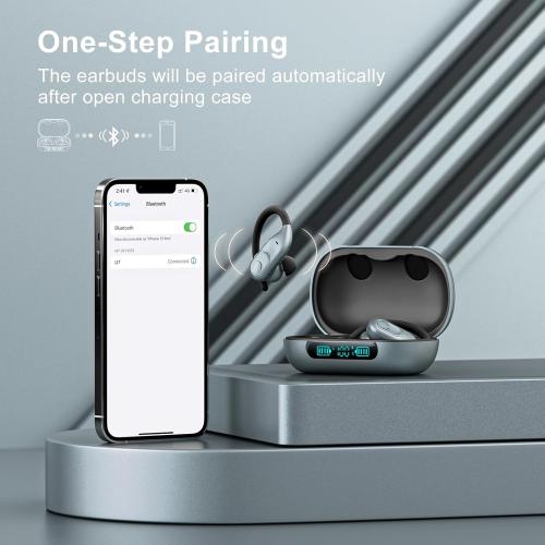 Gray Wireless Earbuds Bluetooth Headphones 130Hrs Playtime with 2500mAh Wireless Charging Case LED Diaplay Hi-Fi Waterproof Over Ear Earphones for Sports Running Workout Gaming