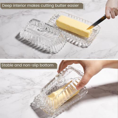 Clear Glass Butter Dish with Lid - Covered Butter Container Holder Keeper Tray Plate for Kitchen,Tabletop Countertop & Refrigerator | Safe Holds 1 Standard 4oz Butter Sticks