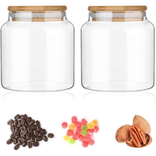 17.6 fl oz Glass Storage Containers with Lids,Candy Jar with Lid, Glass Food Storage Containers for Kitchen Counter, Pantry, Decorative Jar for Coffee, Sugar,Tea, Cute Jar (Bamboo 17.6 FL OZ)