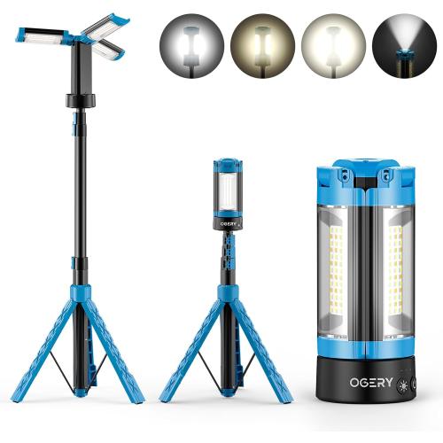 OGERY Rechargeable 10000mAh Camping Light with Stand 6.5 ft Max Height, Cordless Work Light with 3 LED Lamp Heads, 2200 Lumens Camping Essentials Gear Emergency Flashlight with Detachable Tripod