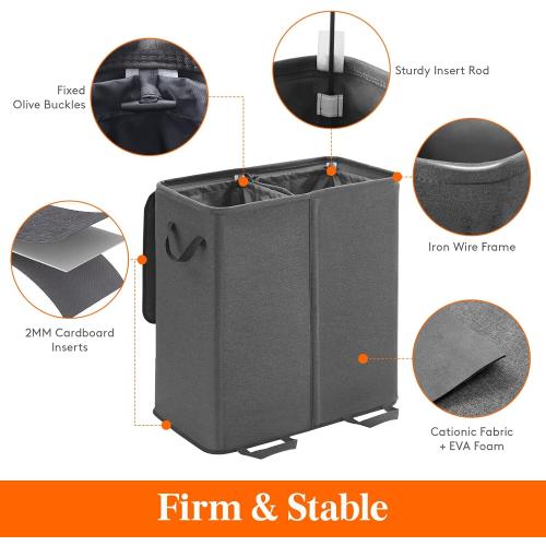 Lifewit Double Laundry Hamper with Lid and Removable Laundry Bags, Large Collapsible 2 Dividers Dirty Clothes Basket with Handles for Bedroom Laundry Room Closet Bathroom College, gray
