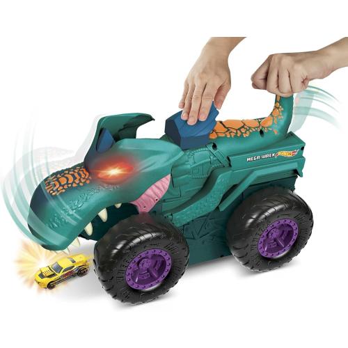 Hot Wheels Monster Trucks Car Chompin' Mega-Wrex, Large Toy Monster Truck & Toy Car, Eats & Poops 1:64 Scale Vehicles, Lights & Sounds