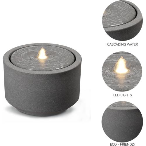 GREY 10.23” H Outdoor Water Fountain Made with Eco-Friendly Recyclable Materials, Polyethylene Round Bubbler Outdoor Fountain, Garden Decor with LED Light for Patio, Porch, Backyard