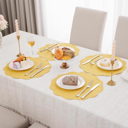 SHACOS Scalloped Round Placemats Set of 6 Polyester Linen Blend 15 inch Washable Non Slip Place Mats Easy Clean Heat Resistant Table Mats for Kitchen Dining Table Decor, Yellow
