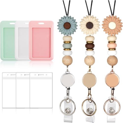 9 in 3 Sets Retractable Lanyards for ID Badges with ID Holder Teacher Lanyard for Women Cute Nurse School Silicone Beaded with Badge Reel