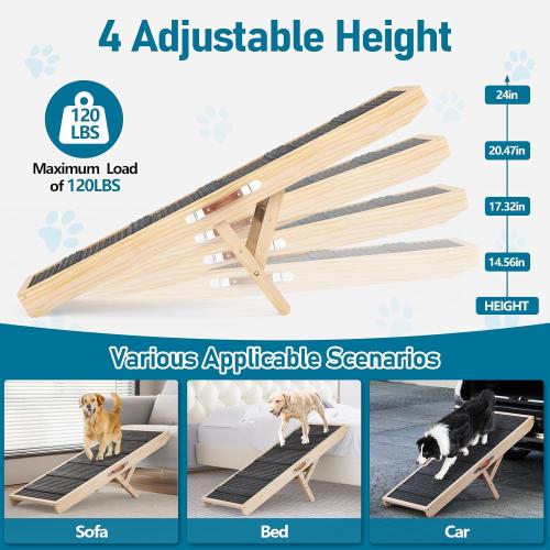 Tresbro Dog Ramp for Bed, 4 Level Adjustable 14.56'' to 24'' Dog Ramps with Anti-Slip Carpet & Carrying Handle, Portable Dog Ramp Supports up to 200LBS for Small Medium Large Dogs to Get on Bed, Couch