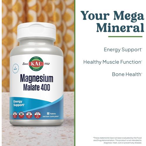 KAL Magnesium Malate 400mg, Chelated Magnesium Supplement with Malic Acid, Healthy Energy & Muscle Function Support, Enhanced Absorption, Vegan, Non-GMO, 45 Servings, 90 Veg Tabs