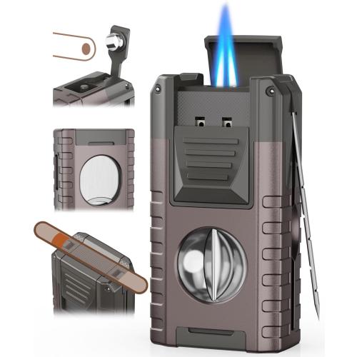 6-in-1 Torch Lighter with Triple Flame, Built-in V & Straight Tool, Punch, Holder, Draw Enhancer, Windproof & Refillable Butane Torch Lighters, Cool Lighters with Gift Box for Men, Candle, Outdoors