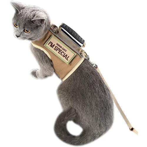 Tactical Cat Harness and Leash for Walking Escape Proof, Adjustable Cat Walking Jackets, Padded Stylish Cat Vest, Khaki, X-Large