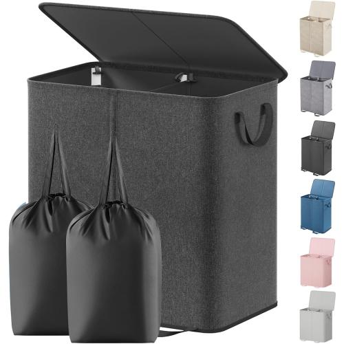 Lifewit Double Laundry Hamper with Lid and Removable Laundry Bags, Large Collapsible 2 Dividers Dirty Clothes Basket with Handles for Bedroom Laundry Room Closet Bathroom College, gray