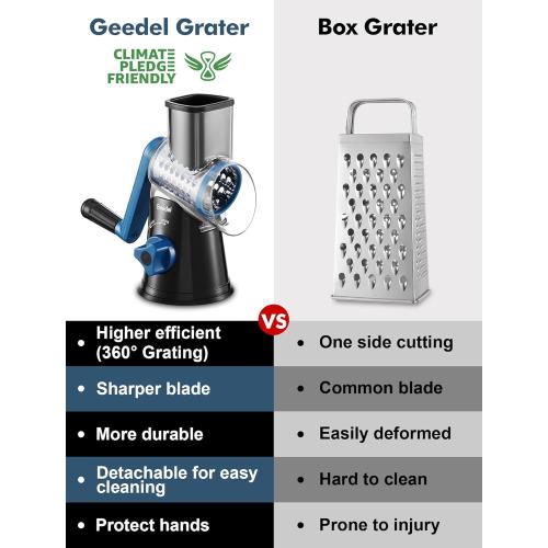 Geedel Rotary Cheese Grater, Kitchen Mandoline Vegetable Slicer with 3 Interchangeable Blades, Easy to Clean Rotary Grater Slicer for Fruit, Vegetables, Nuts
