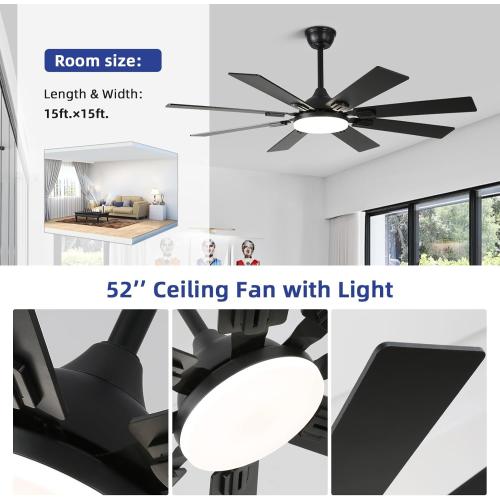 52 Ceiling Fans with Lights and Remote, Black Modern Ceiling Fan with 8 Dual Finish Blades,Quiet Reversible Motor，Farmhouse Ceiling Fan with RGB Lights for Bedroom,Living Room,Patios