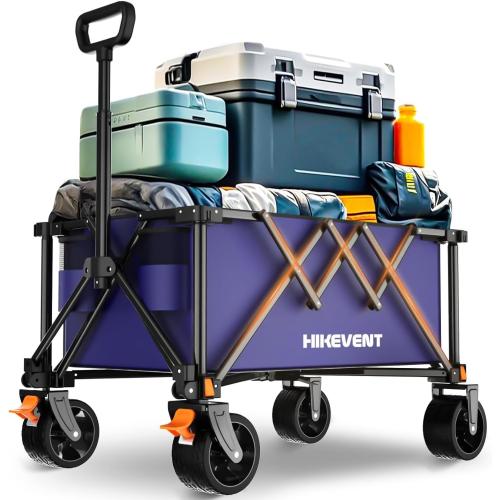 Color Blue Collapsible Wagon Cart, 360LBS Heavy Duty Foldable Beach Wagon with Wider Wheels, Utility Grocery Shopping Cart for Garden, Camping, Sports, Navy Blue