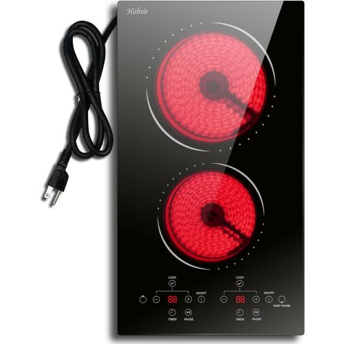 2 Burner Electric Cooktop 110v, 120v Plug In Electric Stove Top Burner, 12 Inch Built-in Radiant Electrics Stove, Countertop Ceramic Cooktop with Child Safety Lock, Timer, Over-Temperature Protection