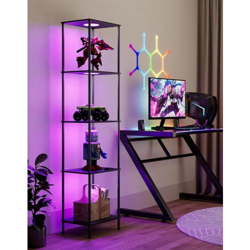 Display Shelf with RGBW Light, Color Changing Curio Cabinet Floor Lamp with Shelves Corner Standing Column Lamp Etagere Organizer Tower Nightstand Bookcase for Living Room Bedroom Office Décor Black