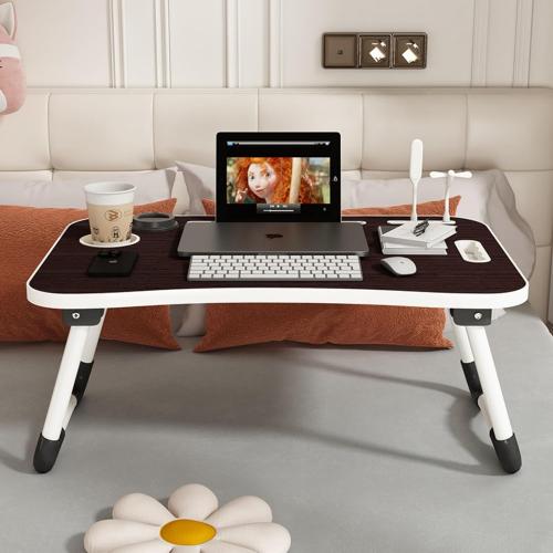 Portable Laptop Stand for Bed with Cup Holder, USB Fan, Night Light，Storage Drawer, Foldable Legs, Tablet Stand for Bed Sofa (Black Brown)