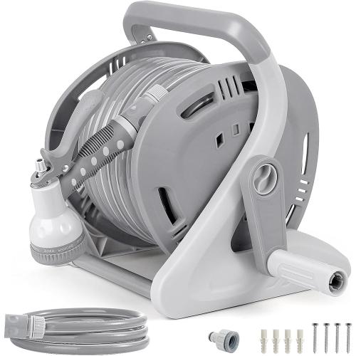 Flora Guard Garden Hose Holder With 1/2 Inch 65Ft Freeze-resistant UV Software, Hose Reels Wall Mount, Removable Hose Reel, 3/4 Pressure Fitting and 9-Pattern Nozzle, Gray