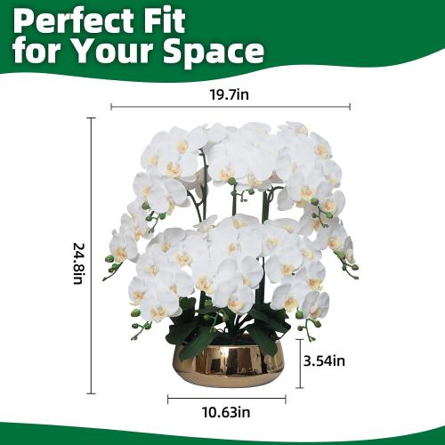 Orchids Artificial Flowers in Large Ceramic Vase 24.8'' Faux Orchid Plant | Large White Fake Silk Phalaenopsis Flower Arrangements for Home Office Centerpiece Decor (Large Realistic Petals, 8 Stems)