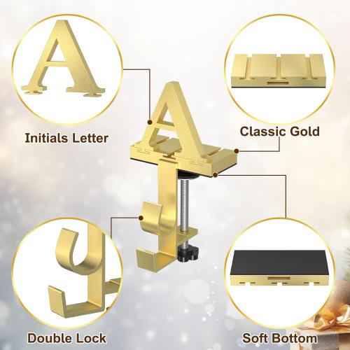 Monogrammed Christmas Stocking Holder with Initials,2 in 1 Fireplace Stocking and Garland Hanger for Mantle,2 Hooks Letter Gold Stocking Holder for Xmas Fireplace (Letter-C)