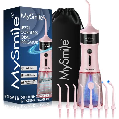 Color Pink MySmile LP221 UVC Sterilizable Cordless Water Flossers for Teeth 335ML Portable OLED Display Dental Flosser with 4 Modes 8 Jet Tips and a Storage Pouch for Home and Travel (Juicy Pink)