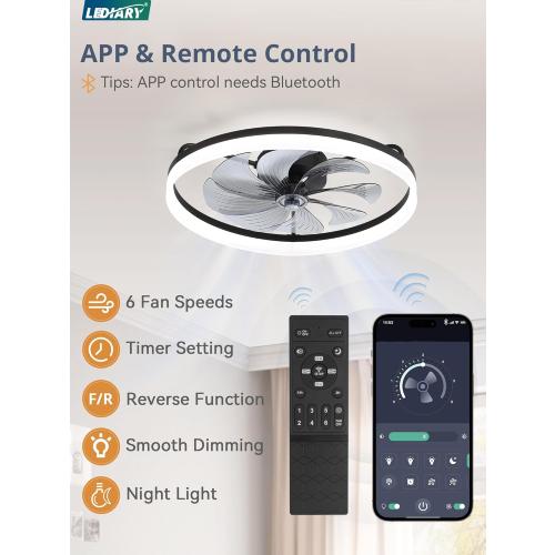 LEDIARY 23 Low Profile Ceiling Fans with Lights, APP & Remote, Black