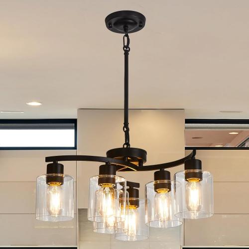 6 Light Contemporary Chandelier Black Modern Farmhouse Chandelier Hanging Lighting Fixtures Industrial Pendant Ceiling Light with Clear Glass Shade Ceiling Light Fixtures for Dining Room Living Room (See The picture for the color)