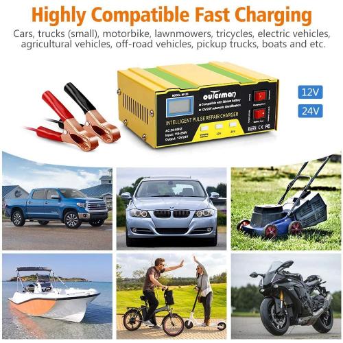 Outerman Car Battery Charger 12V 24V Lithium Battery Charger, Auto Battery Charger Maintainer for Car Boat Motorcycle Lawn Mower Lead Acid Battery or Lithium Battery Capacity: 6AH~105AH